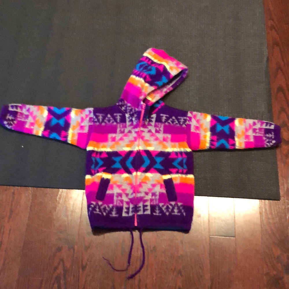 Girls zip up merino wool sweater jacket with hood